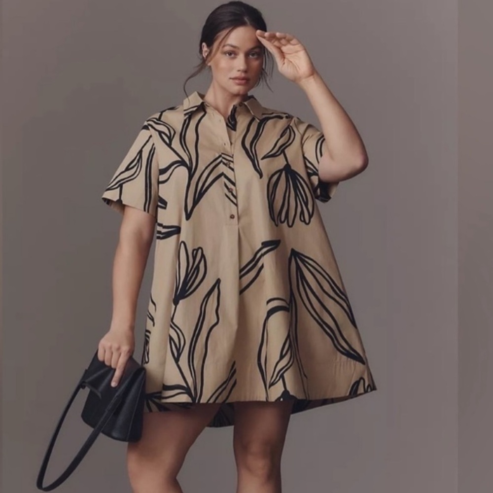 Plus-Size Tan Floral Print Shirt Dress